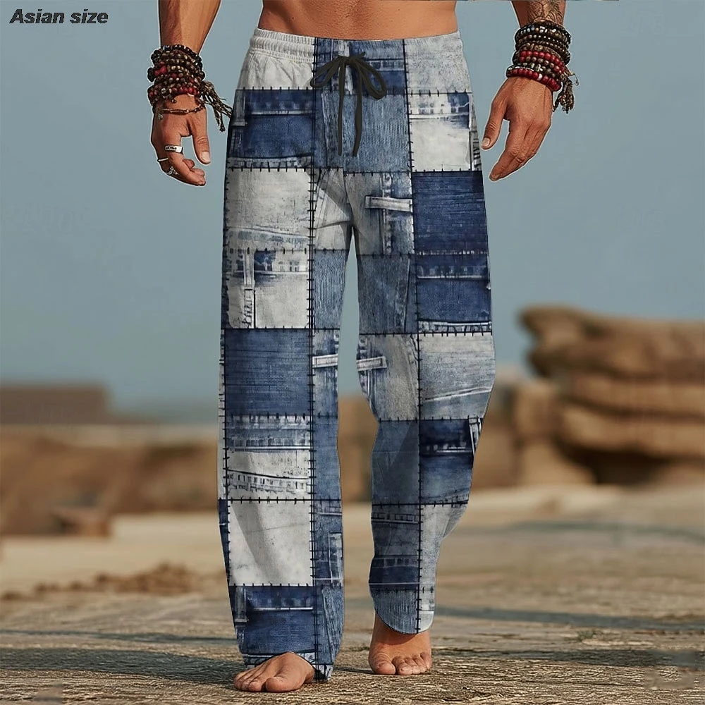 Men's Geometric Color Block Patchwork Trousers Baggy Pants Casual Pants Mid Waist Elastic Drawstring Waist Pants Pockets Summer