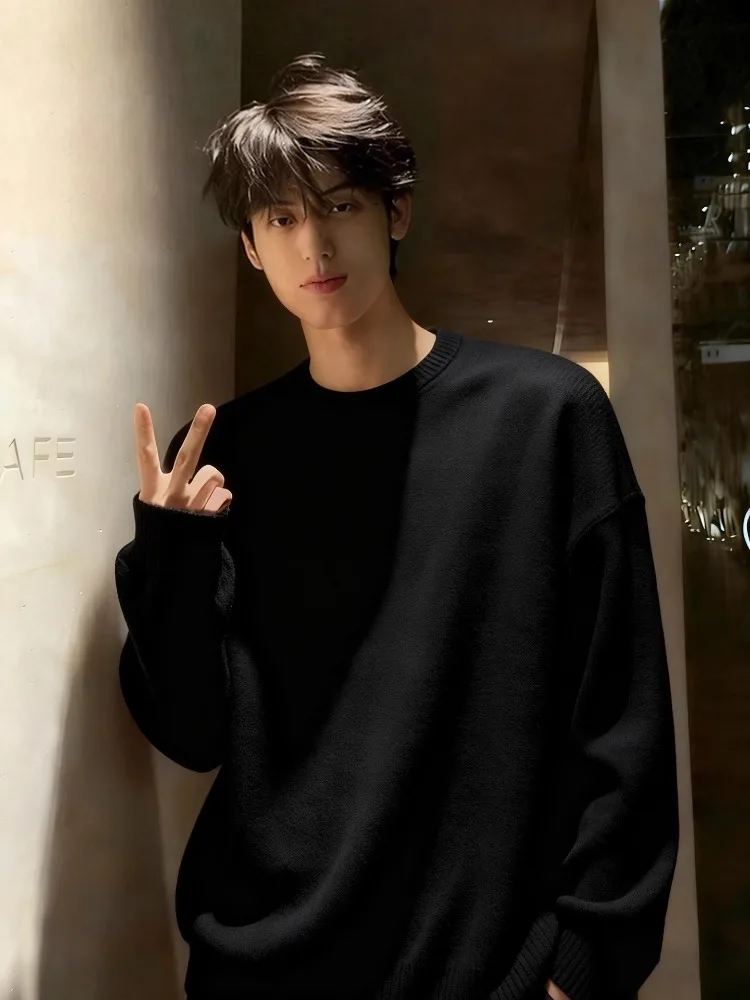 

American Sle Thiened Fce Inner Wear Bla Knitted Sweater for Men Winter Warm Casual Outerwear Couples Lazy Sle