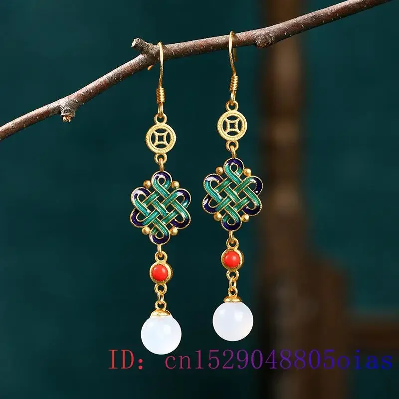 Jade Chinese knot Earrings Women 925 Silver Amulets Jewelry Real Gemstone White Natural Designer Gemstones Chinese Gift