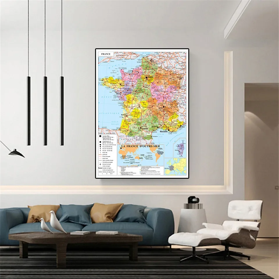 59*84cm la francia politica e mappa dei trasporti In francese Poster da parete tela pittura soggiorno decorazioni per la casa materiale scolastico