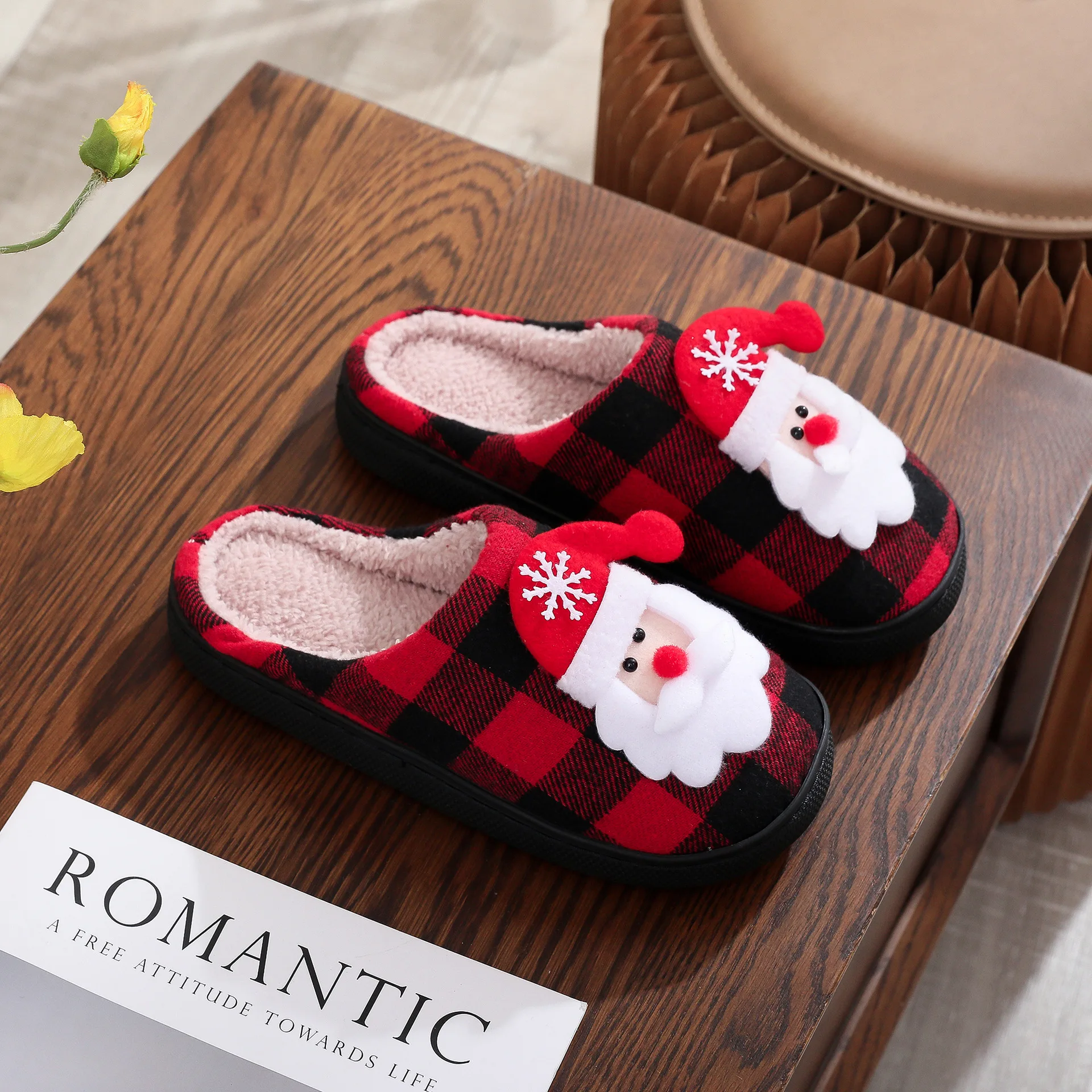 Christmas Theme Cotton Slippers with Santa Claus Black Red Plaid Design Thick Sole Cotton Slippers for Home with Warm Fleece view 3