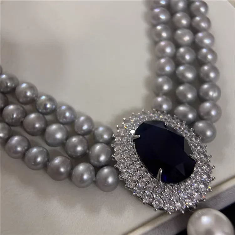 3 Strands 8-9mm Natural Grey Pearl Necklace Gift For Women