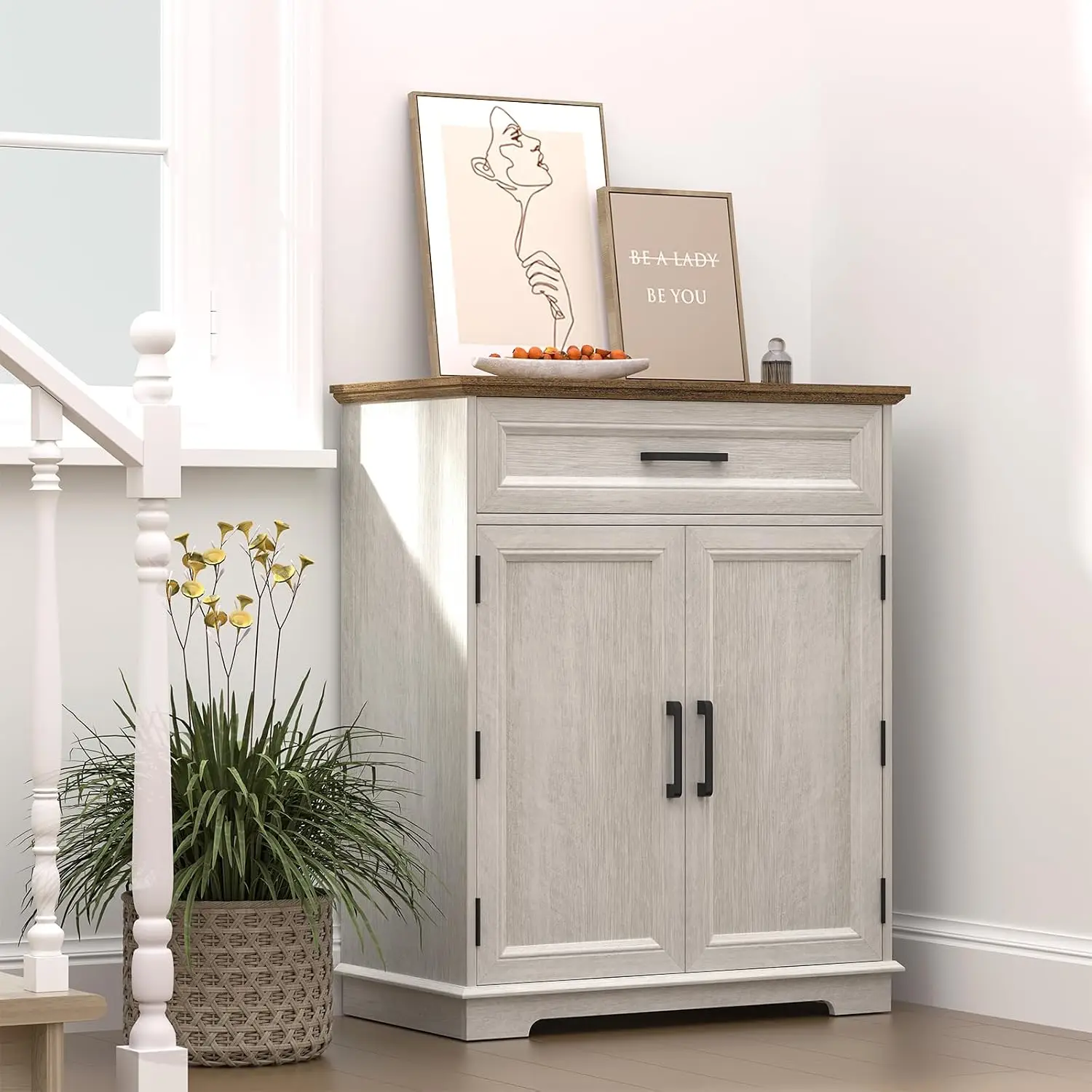Kitchen Storage Cabinet with Drawer, Buffet Cabinet with Storable Door, Modern Floor Sideboard, White Freestanding for Kitchen