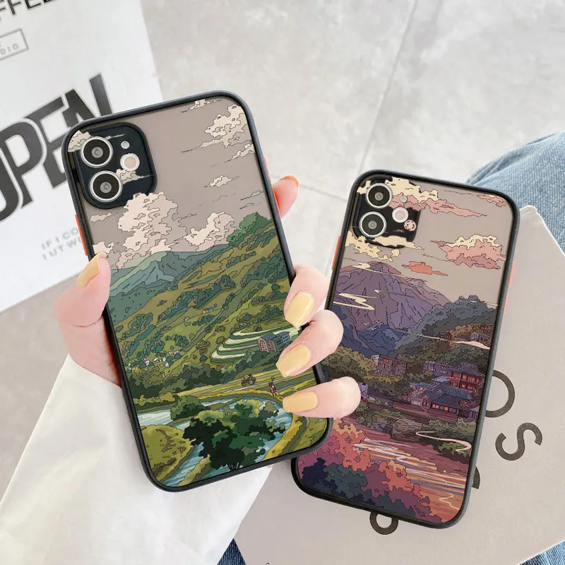 Japanese Anime Scene Landscape Phone Case for iPhone X XR XS 12 13 14 11 15 Pro Max Mini 8 7 Plus Cartoon Scenery Covers Fundas