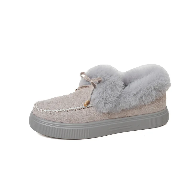 Damen Warme Slipper mit Plüschbesatz, Kunstwildleder-Schleifendekoration, Dicke Gummisohle, Rutschfest, Winterliche Freizeitschuhe für den Alltag, Flache Damenschuhe – Detail 2