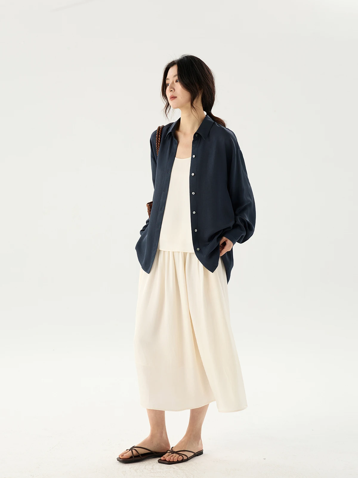 

Cool And Flowing 100% Acetate Loose Shirt Elegant Casual Style Long Sleeve Women's Breathable Skin-Friendly Button-Up Top