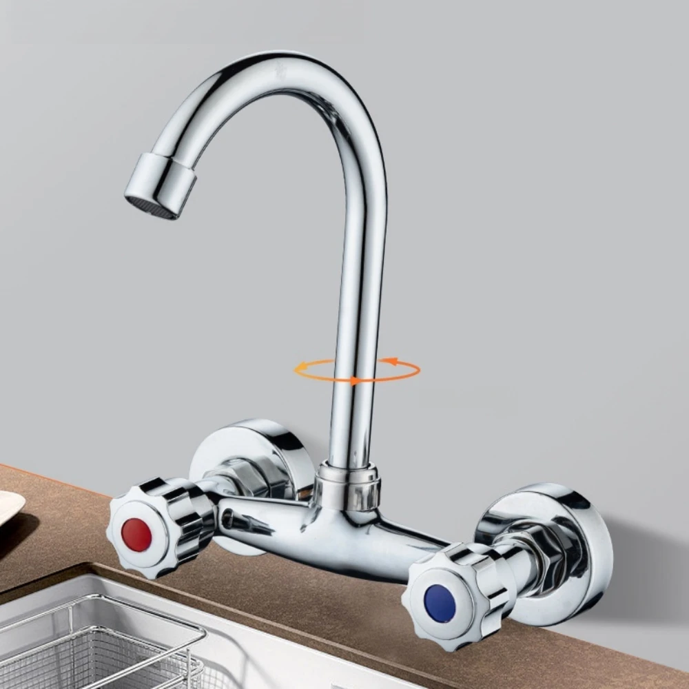 Full Copper Wall Mount Kitchen Sink Faucet 360° Rotatable Spout Double Handle Cold Hot Water Tap Adjustable 13-17cm Installation