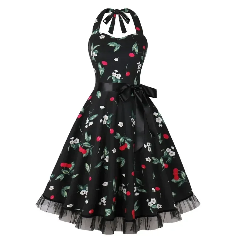 

2024 New Hepburn Vintage 50s Party Women's Dress Elegant Backless Sexy Floral Print Patchwork Holiday Midi Casual Summer Dresses