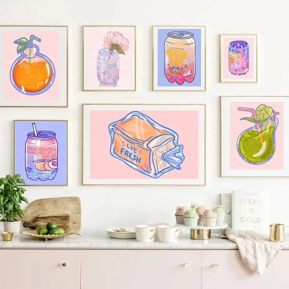 Cartoon Bubble Tea Soda Drinks Fruit Juice Wall Art Canvas Painting Nordic Posters Aesthetic Kitchen Room Decor