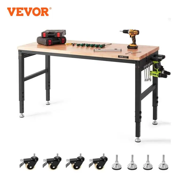 VEVOR-Établi réglable avec roues universelles, table de travail de garage, prises de courant, dessus en bois dur, bureau, maison, usine, 2000 lb