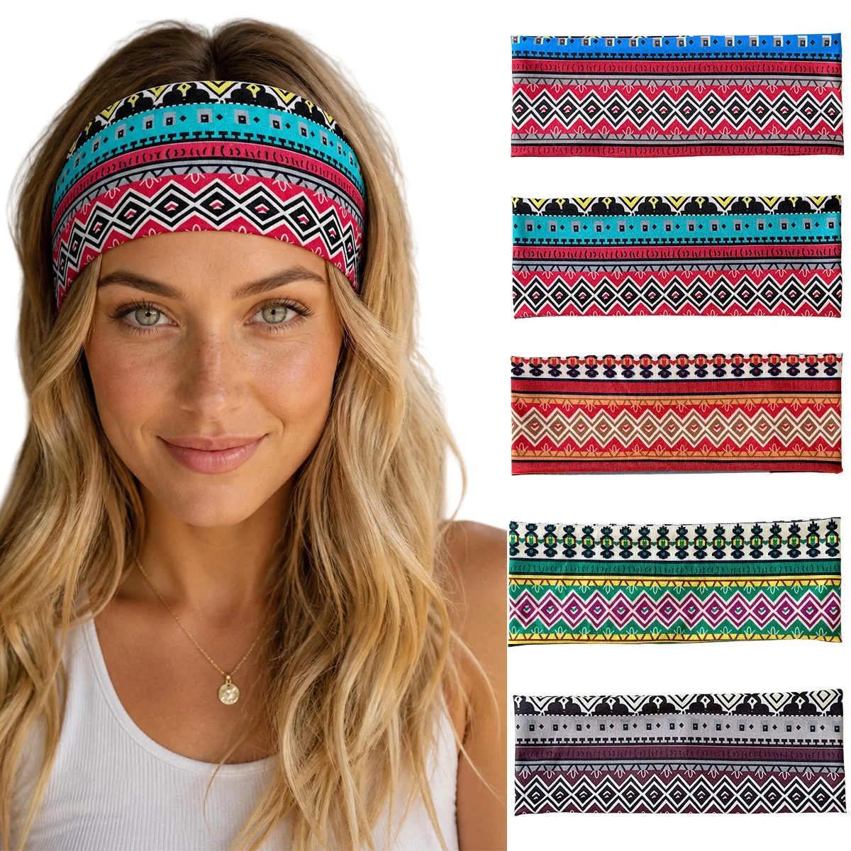 European and American Bohemian Headband - Ethnic Print, Elastic Wide Headband, Sports Yoga Sweatband, Headwear