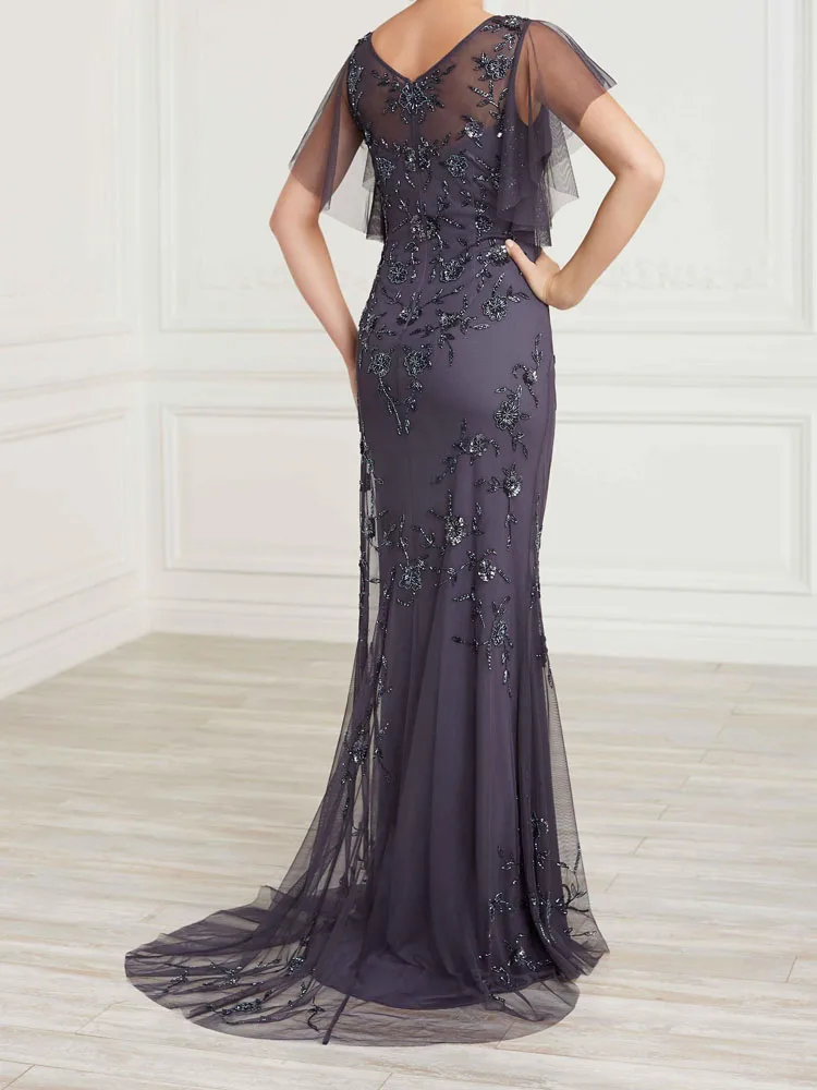 Stunning Mother of the Bride Dresses Long Mermaid Evening Dress V-neck Cap Sleeves Major Beading Sequins Runway Gowns