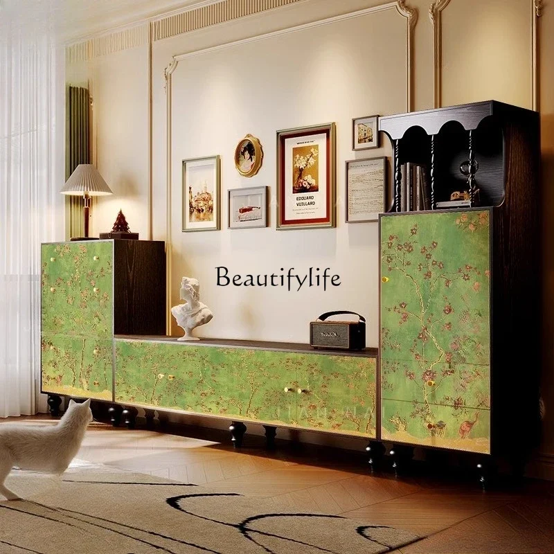 

yj21 French Retro Solid Wood TV Cabinet Floral Living Room Combination High-Legged Hall Cabinet