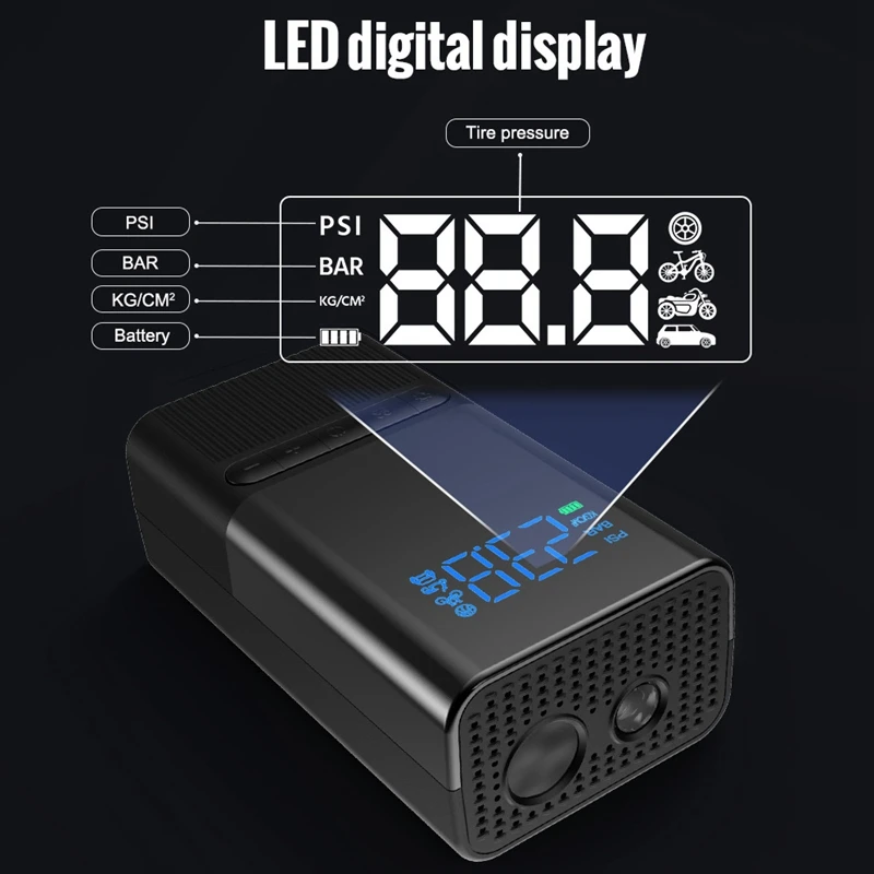 Rechargeable Car Air Compressor Inflator Pump Lcd Display LED Lamp For Tire Inflatable Wireless Electric Power Bank