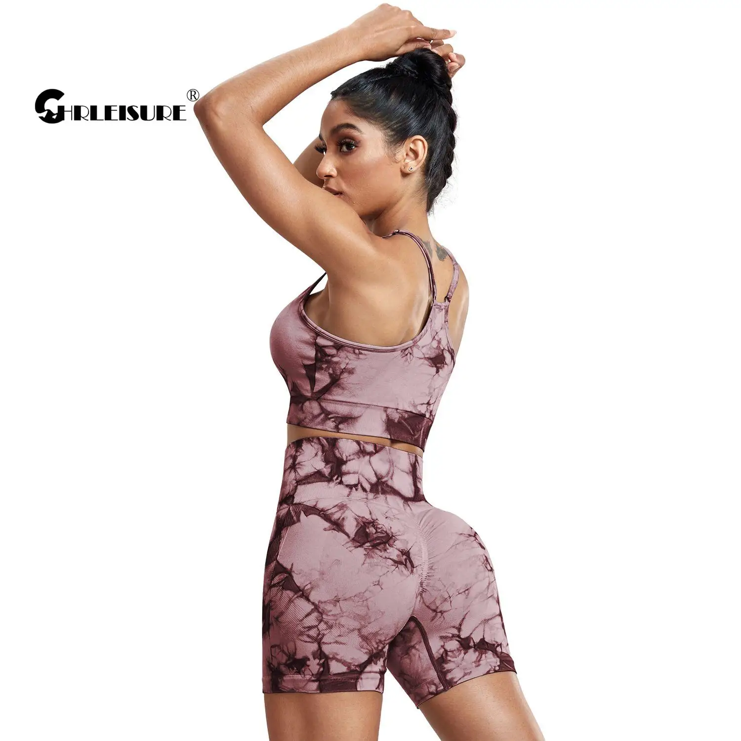 CHRLEISURE Tie Dye Yoga Sets for Women Seamless Sports Outfits Butt Lift Scrunch Cycling Shorts with Fitness Bra Sportswear