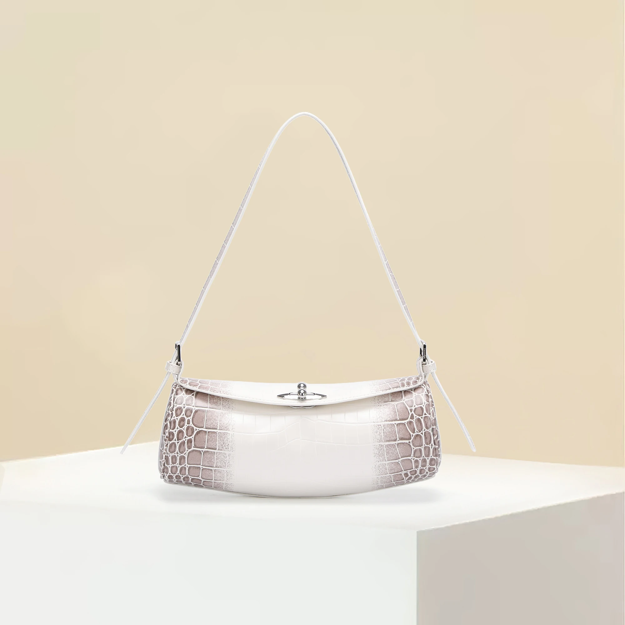 Leon Slyn Himalayan White Croc Embossed Barrel Shoulder Bag Women Luxury Designer Two-Tone Cylinder Underarm Purse Twist Lock Ha