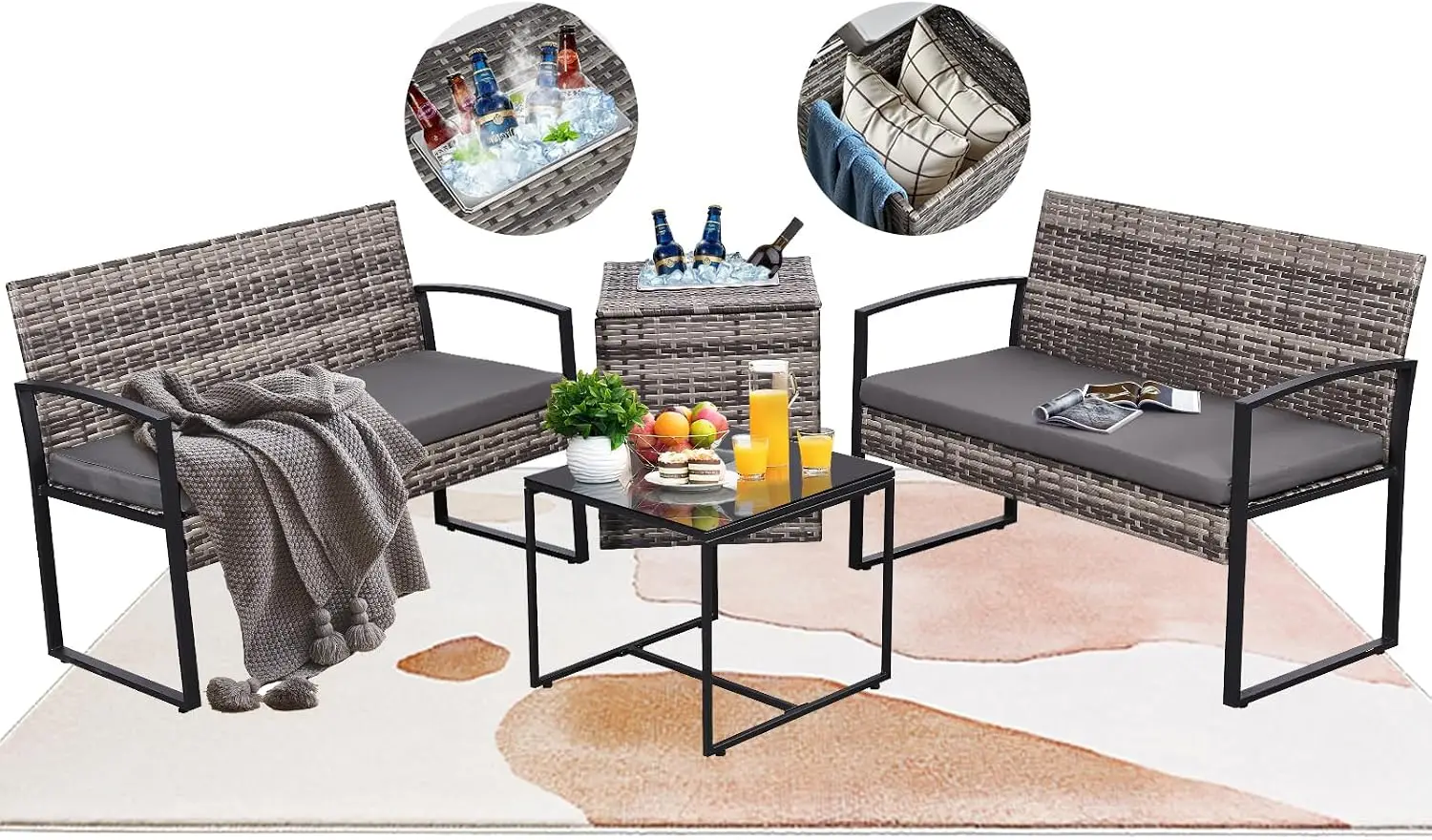 4 Piece Patio Furniture Set w/Built-in Cooler Storage Box, Grey/Grey | All-Weather Hand-Woven Rattan | Tempered Glass Table | Be