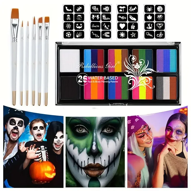 Juego de pintura corporal de 26 colores con pinceles y pegatinas, pintura corporal luminosa UV soluble en agua, arte para actuaciones en escenario, maquillaje