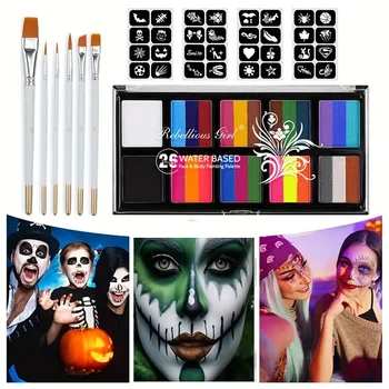 26 Colors Body Paint Set with Brushes and Stickers Water-Soluble UV Luminous Face Body…
