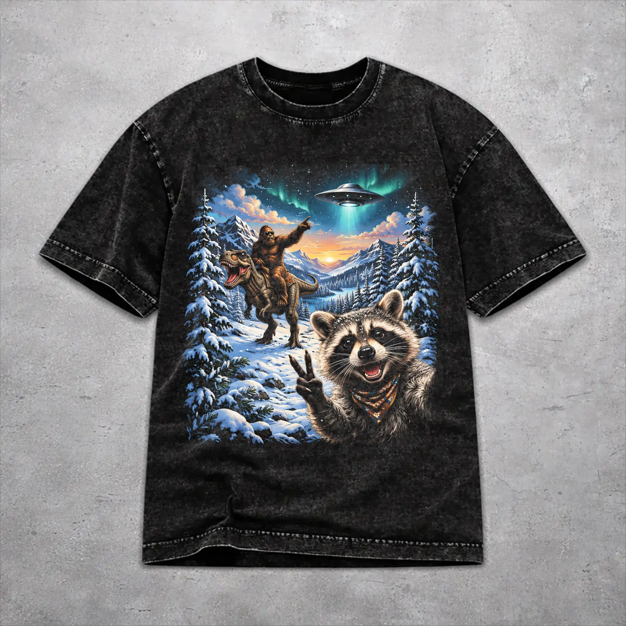 Funny Bigfoot Ride Dinosaur Raccoon T Shirt Vintage Washed Style For Men Women 100% Cotton T-Shirts Tee Clothing