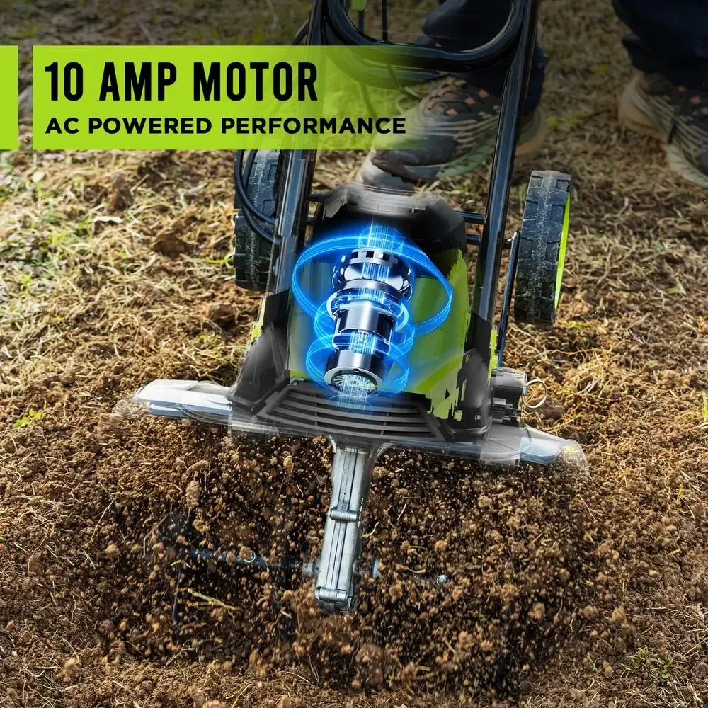 Electric Garden Tiller 14 Inch 10 Amp 4 Steel Tines Portable Lightweight Cultivator Adjustable Wheels Foldable Handle Heavy Duty