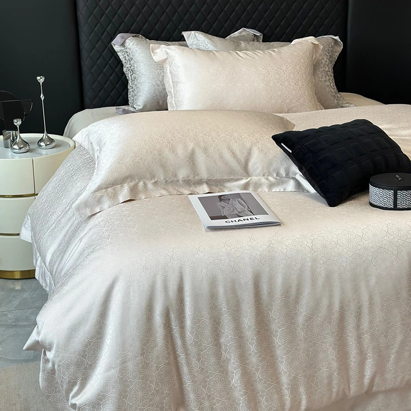 

Double Queen King Duvet Cover Set Fitted Sheet Pillowcase 4Pcs Premium Quality Jacquard Sateen Weave Cotton Silky Bedding Set
