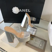 M Silver Squre Tote Heel with high Platform Solid Colored Fashionable Waterproof Summer Slippers Flat Transparent Strap Sandals - Image 2