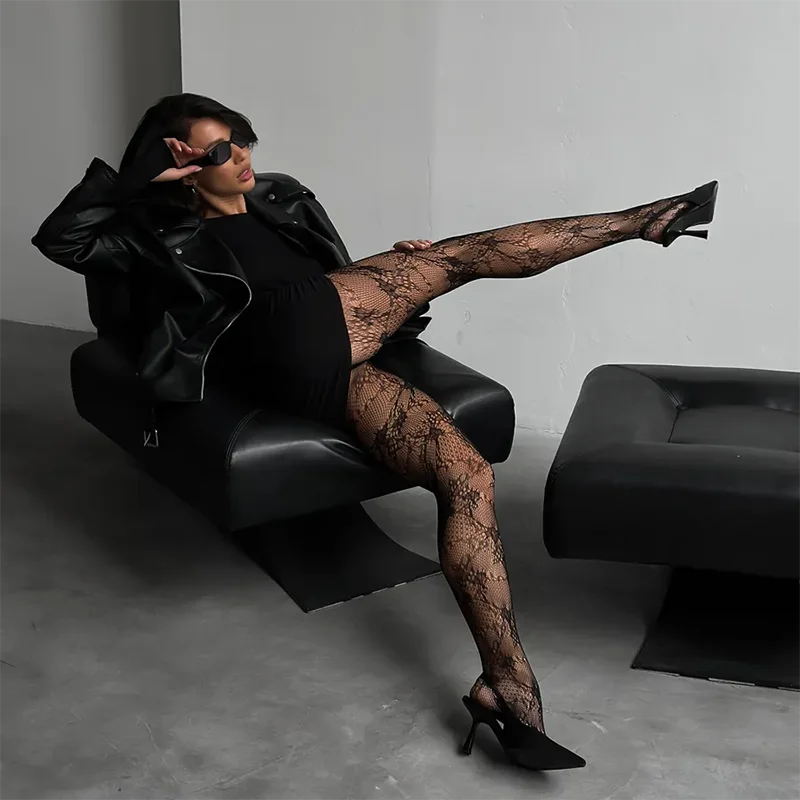 Kave High Elastic Black Hollowed Lace Fishnet Patterned Tights for Women Soft Nylon Solid Color Sweet Panyhose Toe Reinforcement image 5