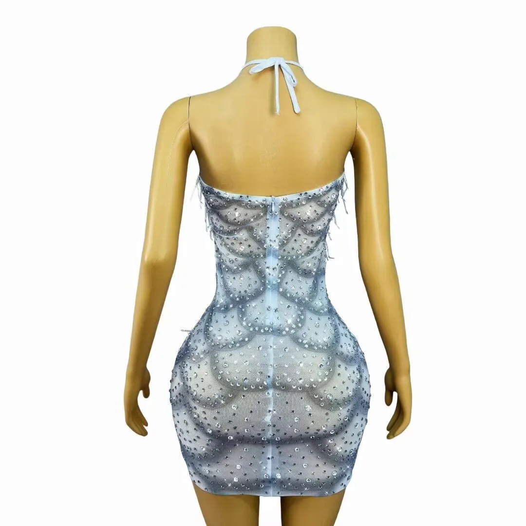 Sexy Glanzende Steentjes Kwasten Bandage Trim fit Backless Jurk Vrouwen Verjaardagsfeestje Vieren Toga Modeshow Stadium Slijtage