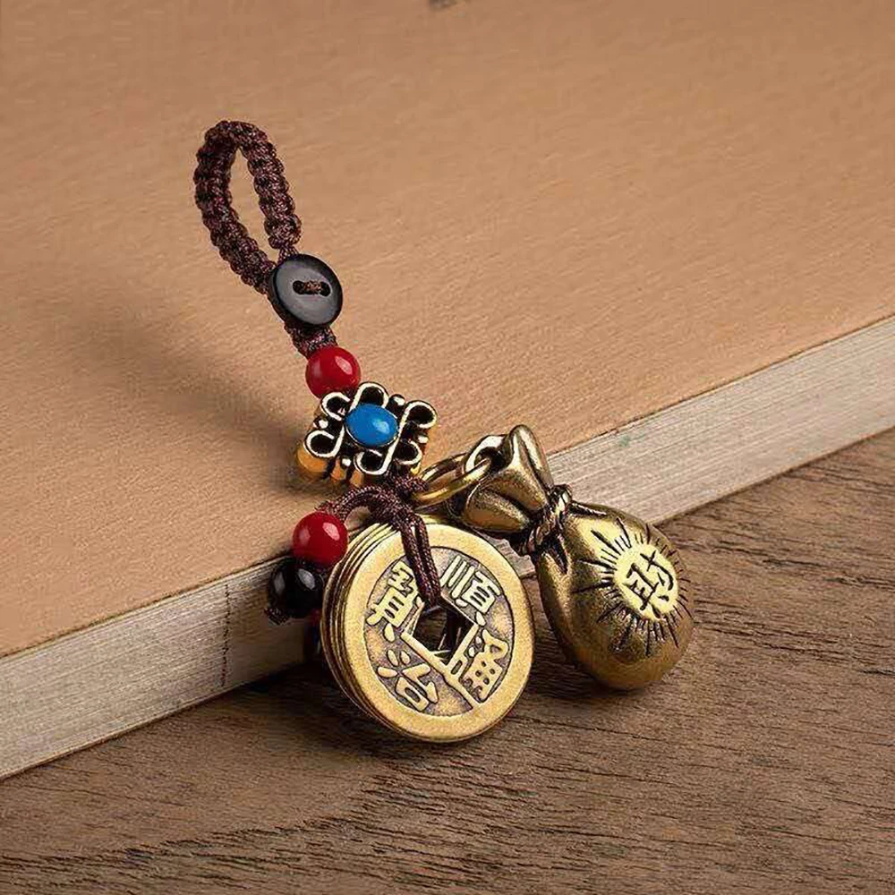 

Handmade Rope Lucky Feng Shui Hanging Vintage Brass Money Bag Keychain Pendant Jewelry Ancient Five Emperors Coins Car Key Chain