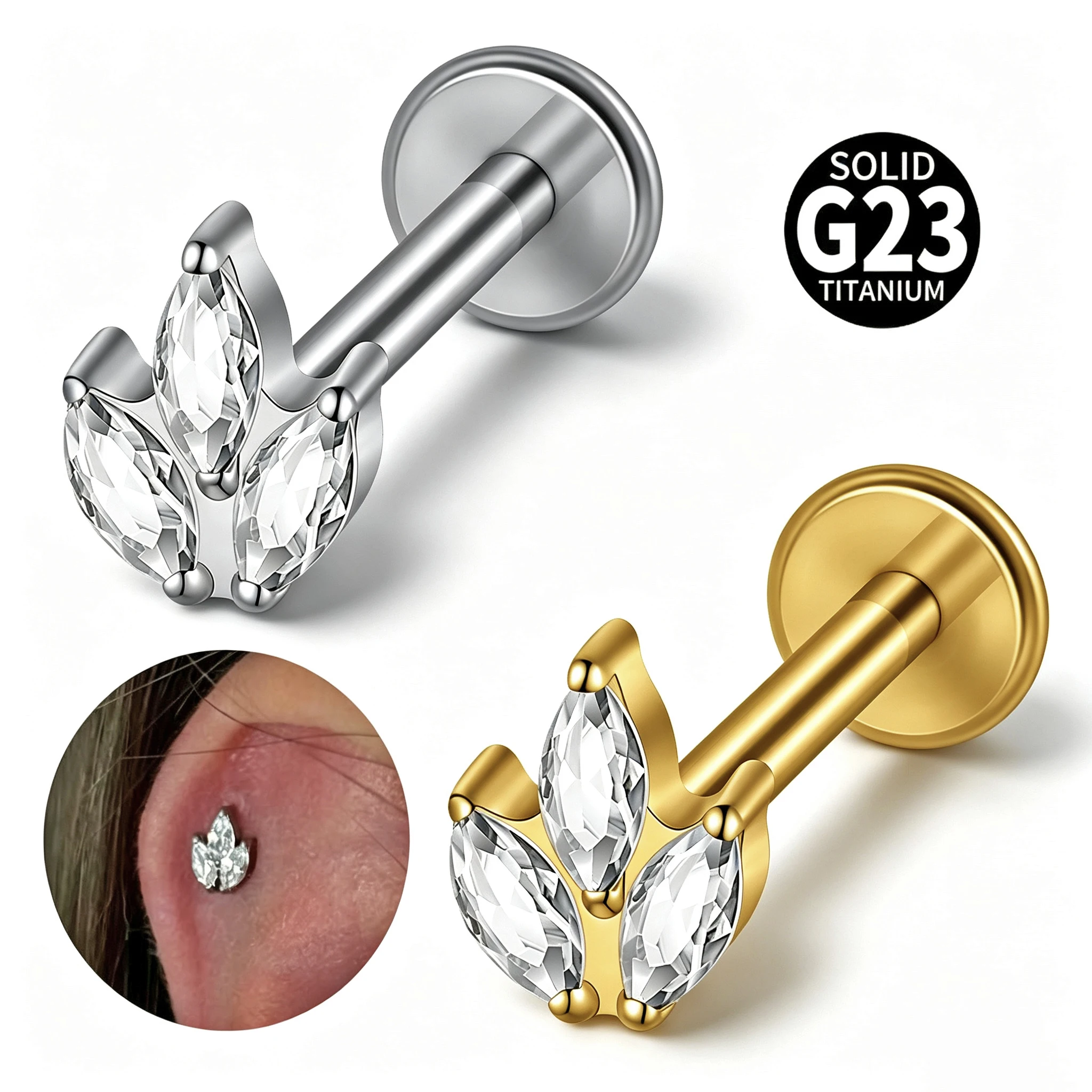 16G G23 Titanium Flame-Shape Cartilage Ear Stud 3 Marquise Zircon Internal Thread Tragus Helix Conch Labret Lip Piercing Jewelry