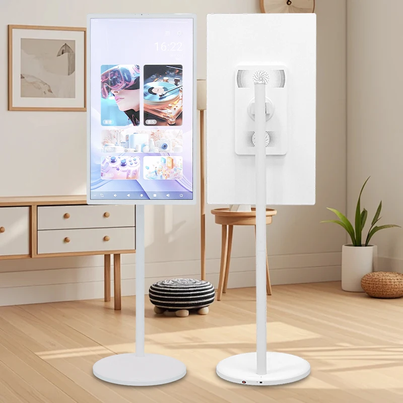 32-Inch HD Indoor Digital Signage Movable Interactive Android TV with IPS Touch Screen Smart Portable TV in White Cabinet
