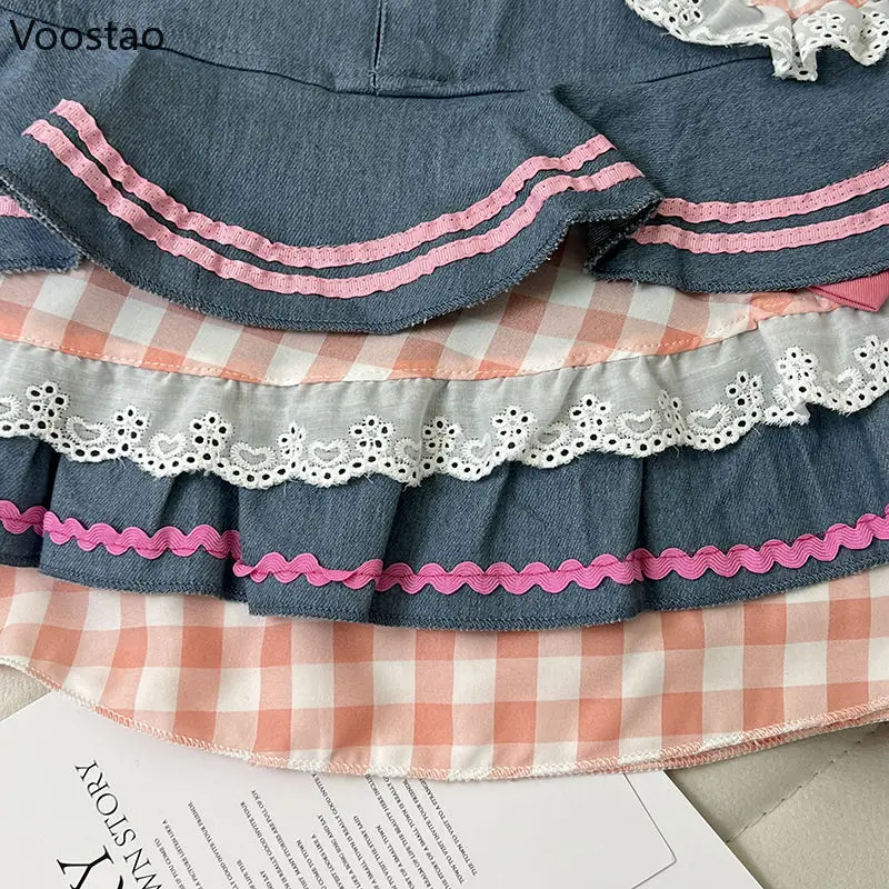 Imagem -06 - Saias Femininas Harajuku Gothic Mini Denim Ruffles Bow Saia de Bolo para Meninas Saia em Camadas Fofa Corações Doces Lolita Y2k Doce