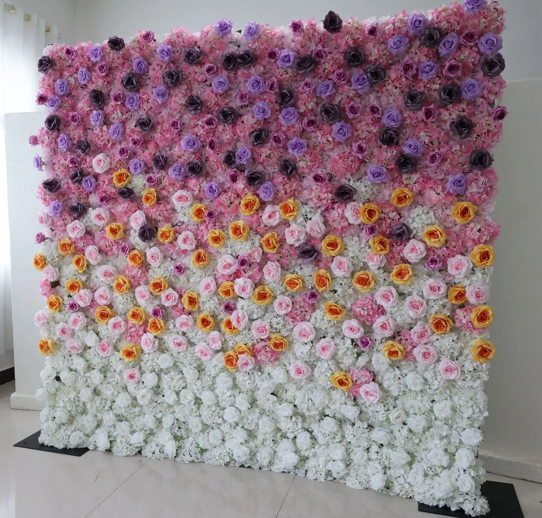 3D Pink-white gradient Champagne Rose Flower wall Roll Up Cloth Base Flower Wall Outdoor Wedding Backdrop Floral Party Event