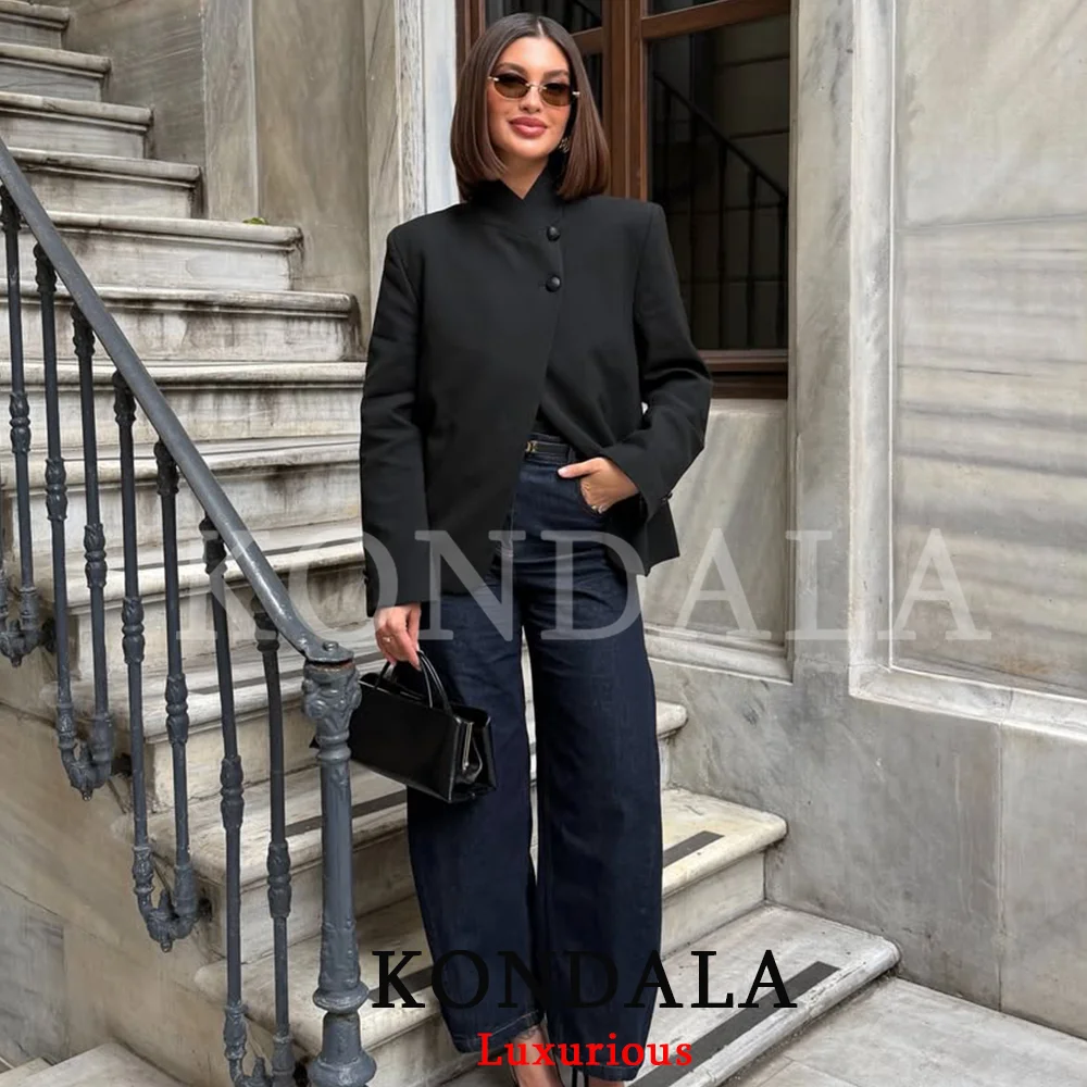 KONDALA Office Lady Chic Black Women Blazer Stand Collar Long Sleeve Loose Jackets Fashion 2026 Spring Summer Vintage Outwears