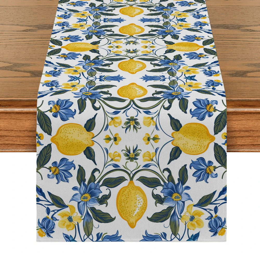 Plants Lemon Branches Leaves Watercolor Table Runner Home Wedding Centerpieces Decoration Party Table Runners Dining Long Cloth