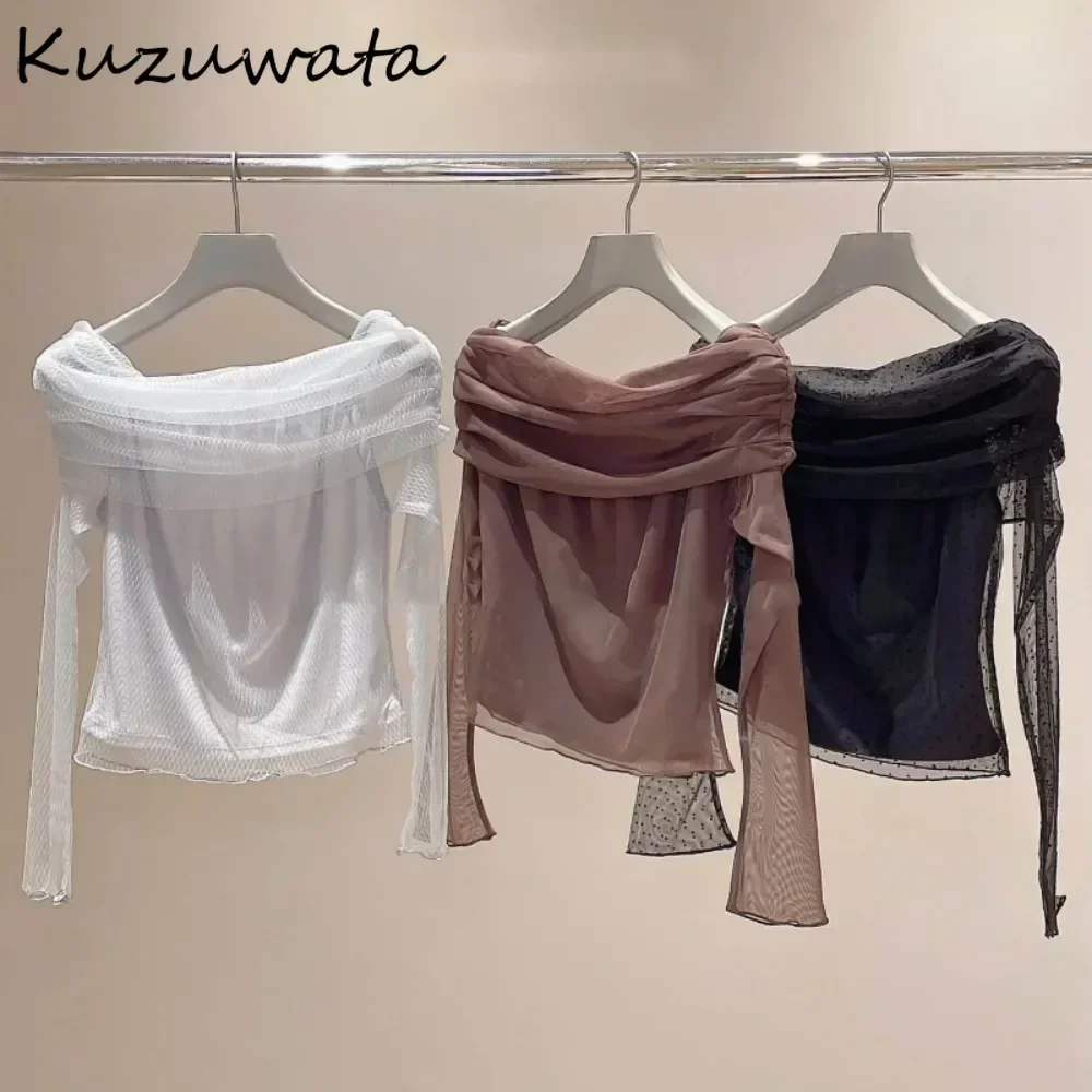 Kuzuwata Irregular Vintage Slash Neck Long Sleeve Women Clothing Voile All-match Off Shoulder Dot Shirt Japan Sweet New Mujer