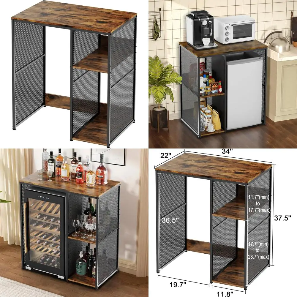 

Industrial Style 3-Tier Kitchen Storage Shelf with Mini Fridge Holder for Home or Dorm, Vintage Wooden