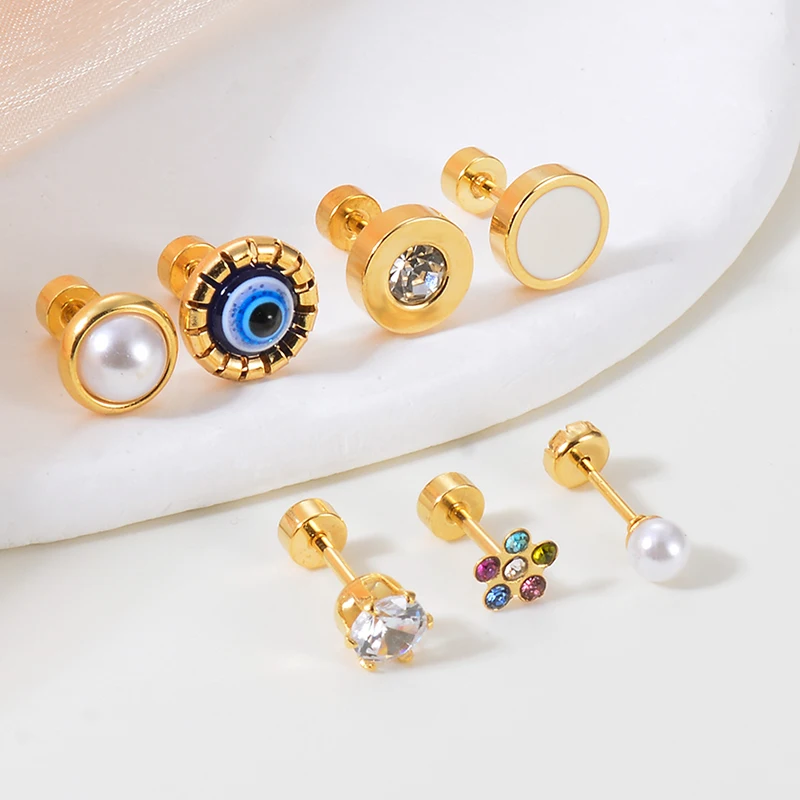 Женские серьги Evil Eyes из нержавеющей стали с кубическим цирконием и цветком, имитация жемчуга, позолоченные модные украшения Женские серьги Evil Eyes из нержавеющей стали с кубическим цирконием и цветком, имитация жемчуга, позолоченные модные украшения