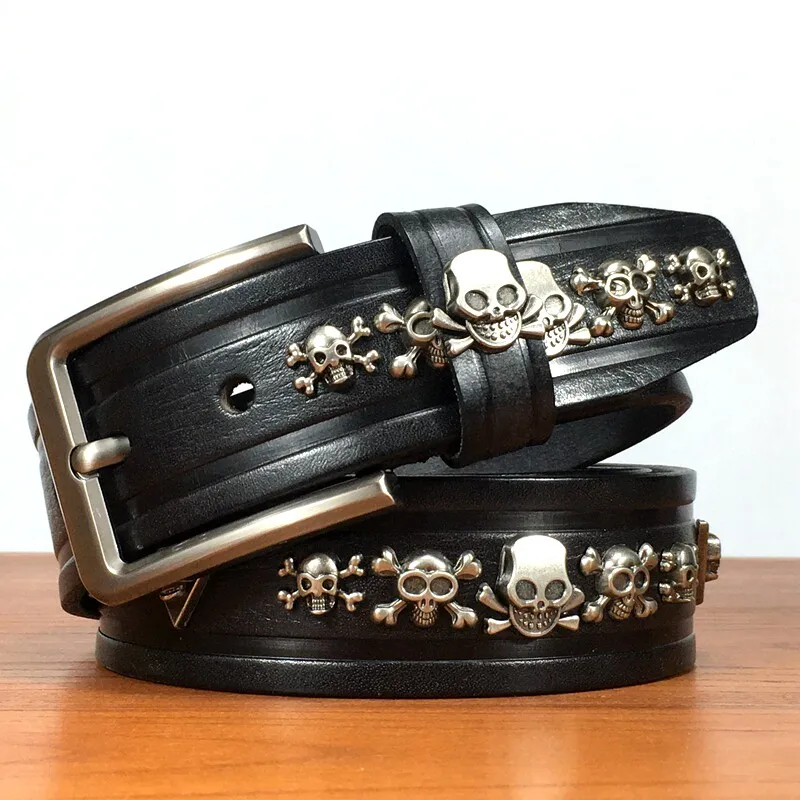 Handmade Punk Rivet Skull Belt, Men's With Pin Buckle Genuine First-layer Cowhide Leather Belt Biker Style Waist Strap