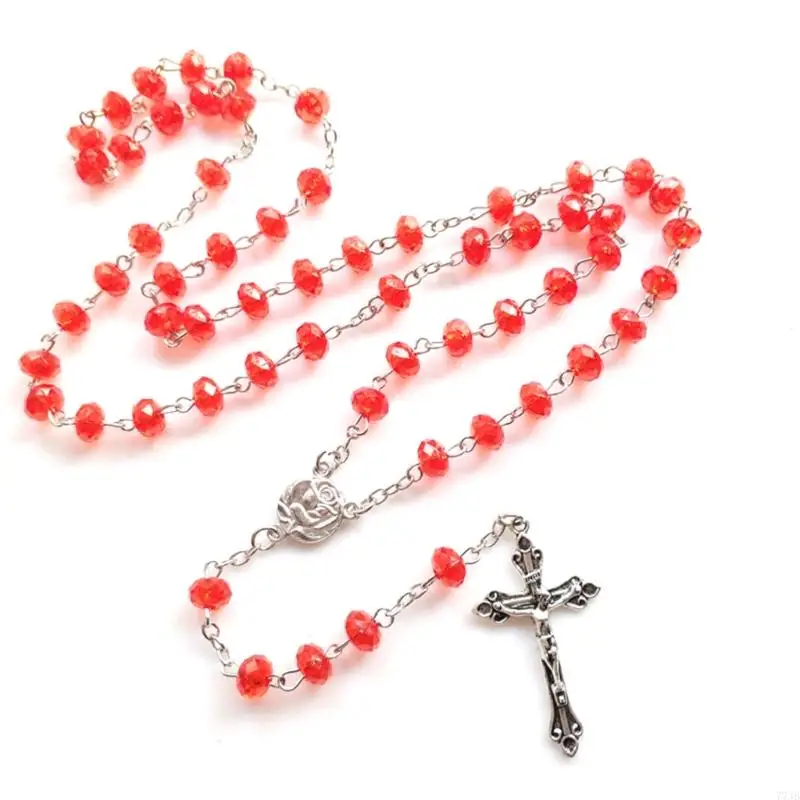 

77JB Crystal Beads Rosary Necklaces Crucifix Pendant Sweater Chain Catholic Religious Jewelry Women Girl Prayer Gift