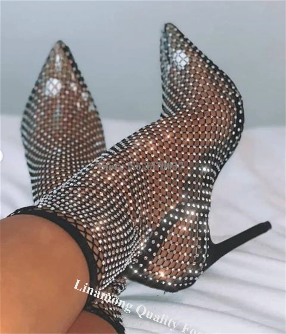 

Linamong Mesh Rhinestones Short Sock Boots Bling Bling Pointed Toe Black Beige Slip-on Elastic Crystals High Heel Ankle Booties