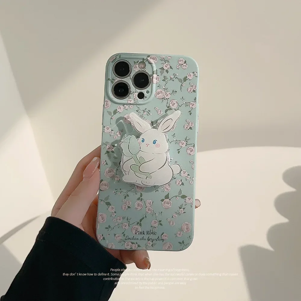 Garden pink rose flowers Rabbit bracket shell Phone Case For iPhone 16 15 14 13 12 Pro Max 16 Plus Case Cute Sweet girls Cover