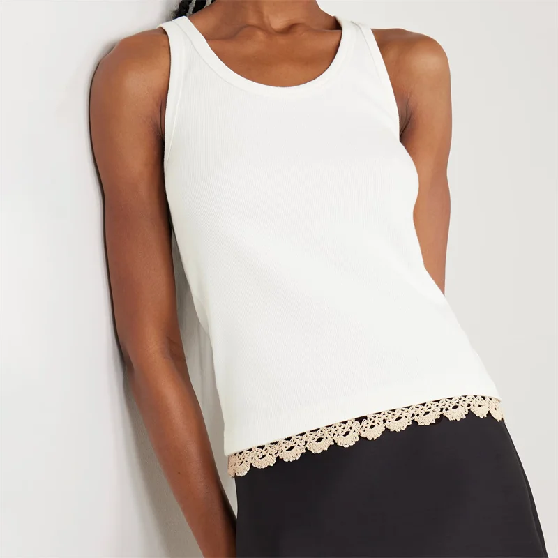 

Женский жилет, зима 2024, новый эластичный вязаный облегающий топ без рукавов с круглым вырезом, кружевной топ на бретелях в стиле пэчворк, футболка из смеси хлопка y2k