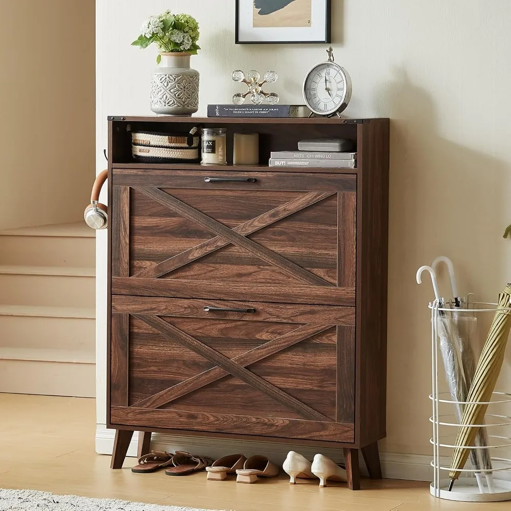 

Farmhouse Shoe Storage Cabinet with 2 Flip Drawers Organizer Entryway Narrow Hidden Shoe Rack with Legs Open Storage