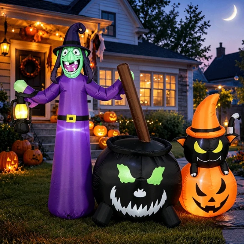 1.8M Halloween Inflatable Decoration Witch Cauldron Black Cat Pumpkin Blow Up Model for Outdoor Yard Lawn Festive Party Decor