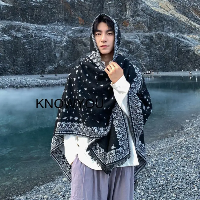 Black Stars Print Shawl and Wraps Male Warm Cashmere Blend Blanket Pashmina Hooded Cloaks Print Jacket Loose Echarpes Ponchos