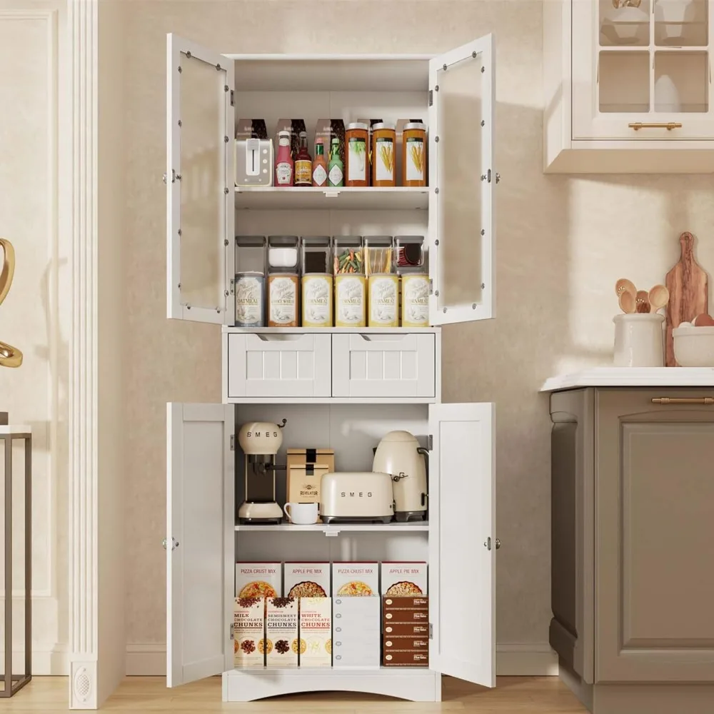 

67" Tall Storage Cabinet, Freestanding Pantry Cabinet with Glass Door & Shelves & 2 Drawers, Modern Linen Storage Cabinet