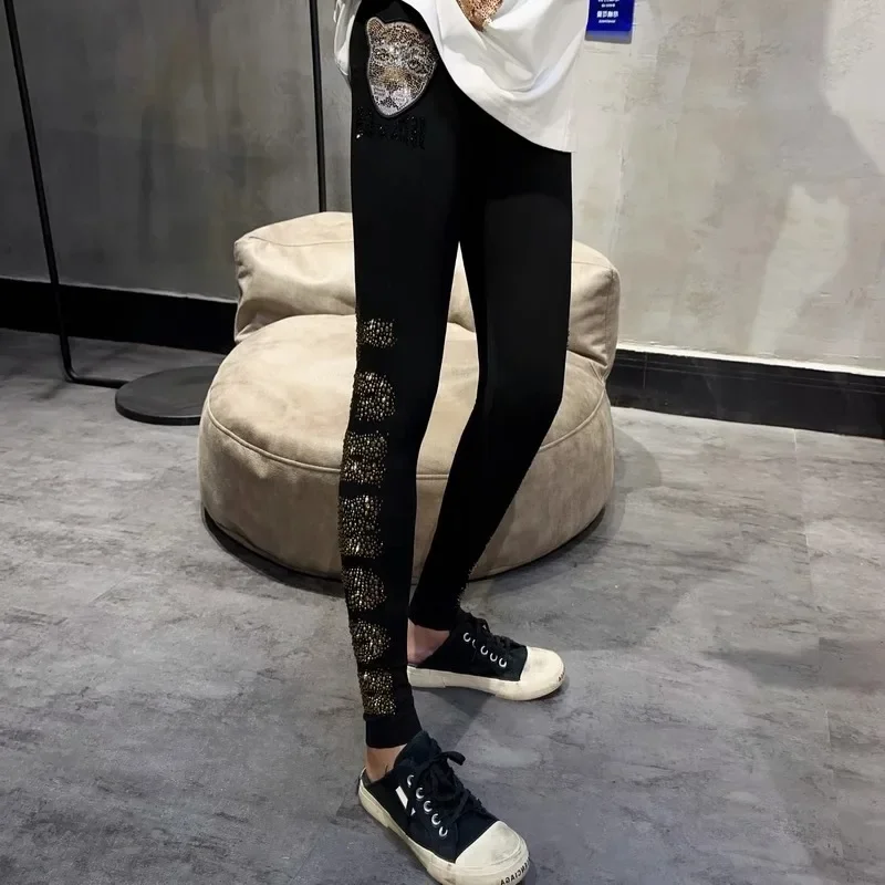 Luxury Gold Diamonds Women Leggings High Quality Streetwear Tight Hot Drilling Ank-length Bottom Pants Stretch Tight Leggings