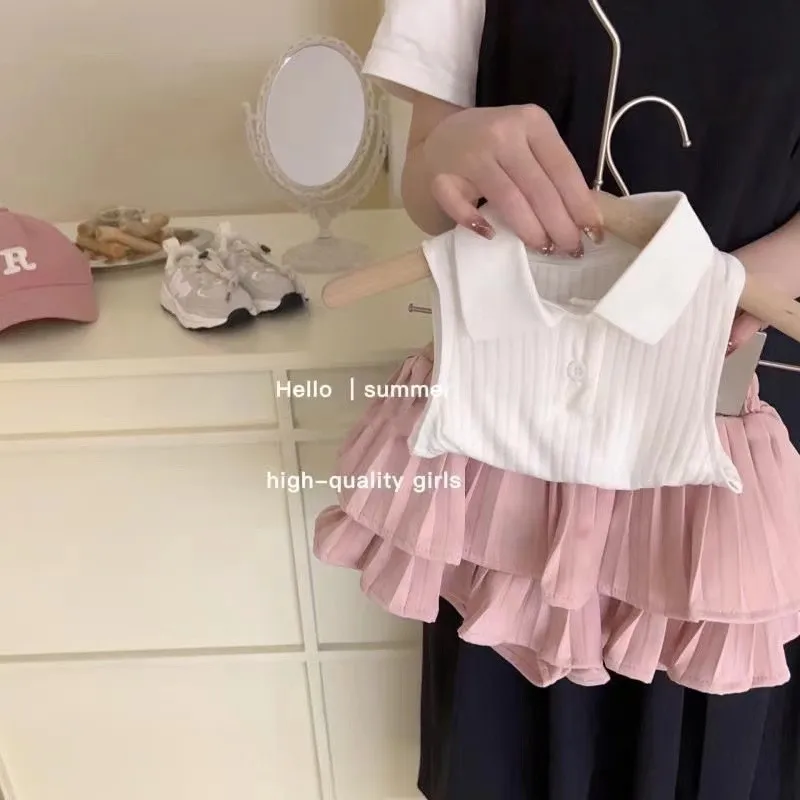 

2024 New Girls' Fashion Summer Academy Style New Polo Knitted Sleeveless Tank Top+Pleated Cake Short Skirt Kids Outfits 1 3 5 7Y